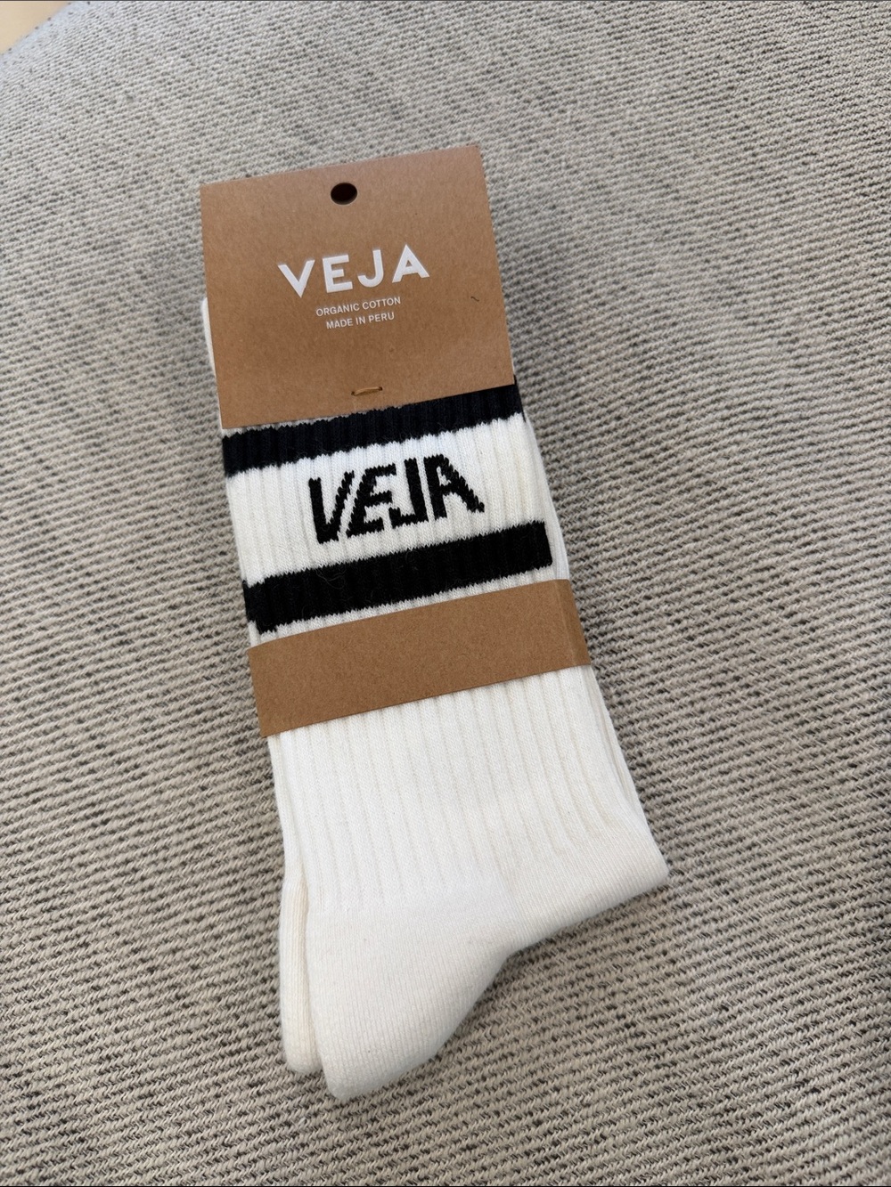 VEJA White Crew Socks with Black Logo Stripe